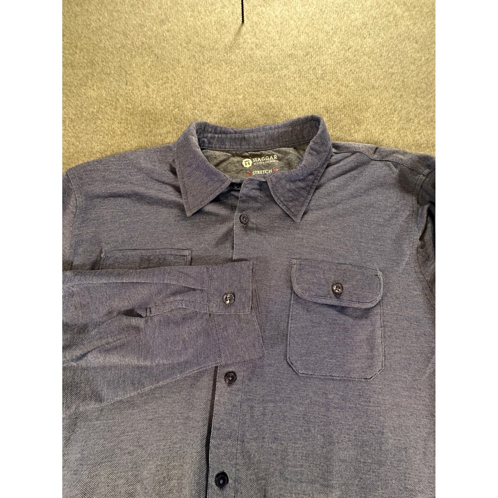 Haggar Clothing Mens XL Blue Stretch Long Sleeve Button Down Work Shirt RN40330